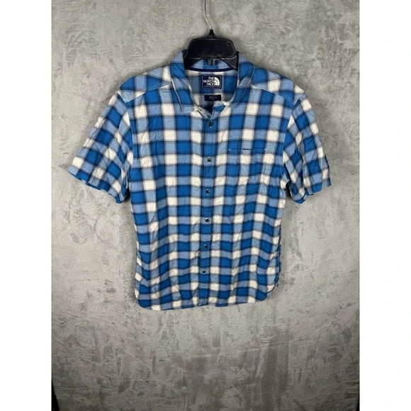 The North Face Shirt Mens M Button Up Blue Plaid Classic Fit Short Sleeve Oxford - Picture 1 of 8